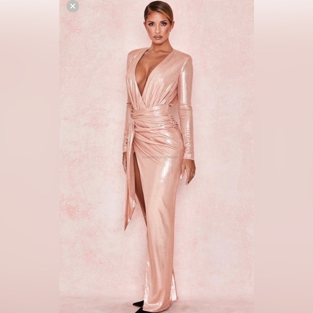 NWOT House of CB Mina Metallic Pink Silky Floor Length Gown Maxi Dress Sz L